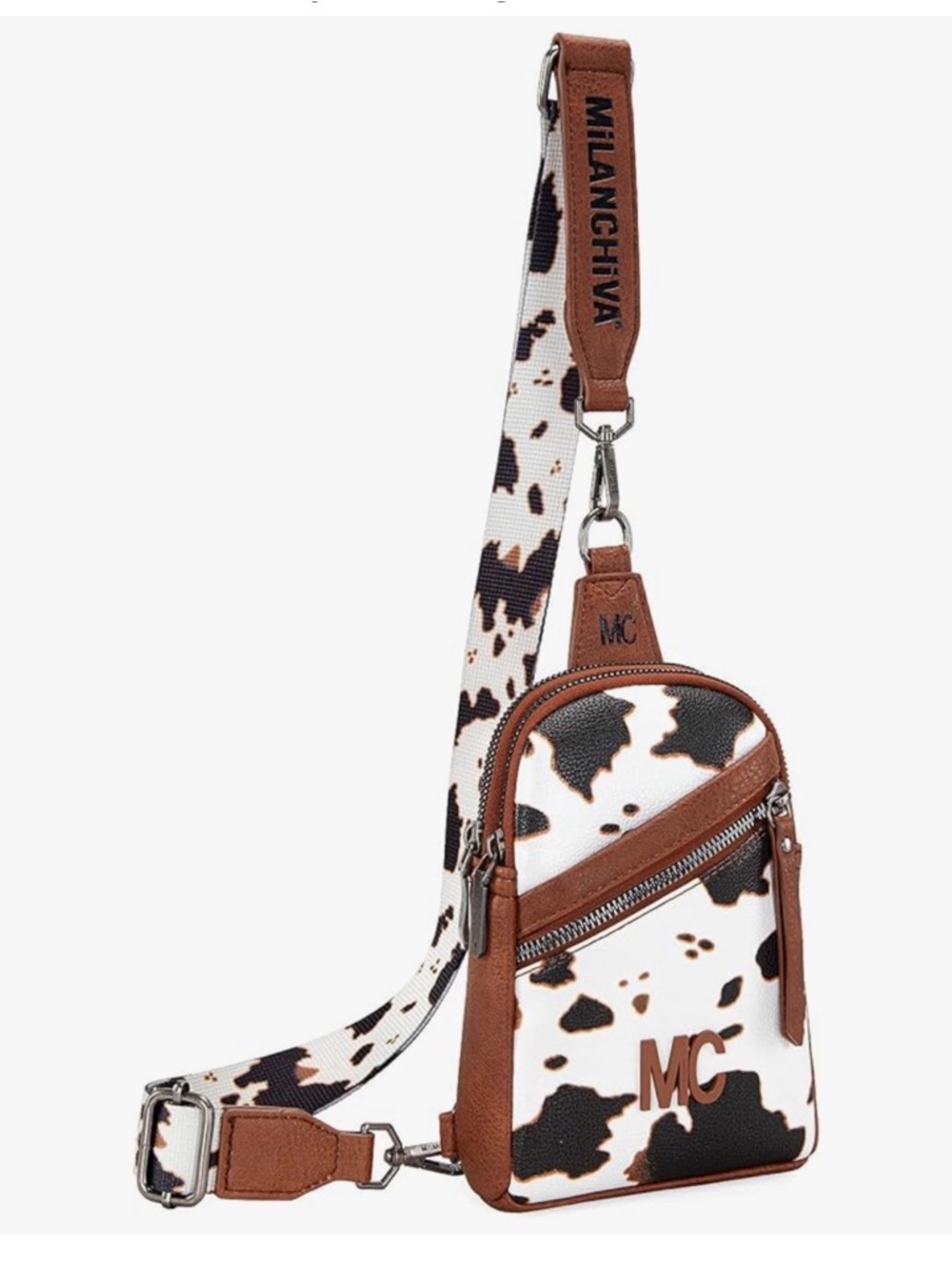 MC Cow-Print Crossbody Sling with Brown Trim
